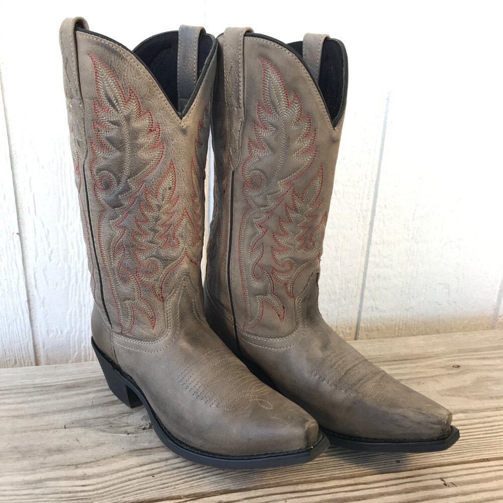 Laredo Casual Womens Red Stitched Gray Leather Cowboy Western Boots 6 M 51127